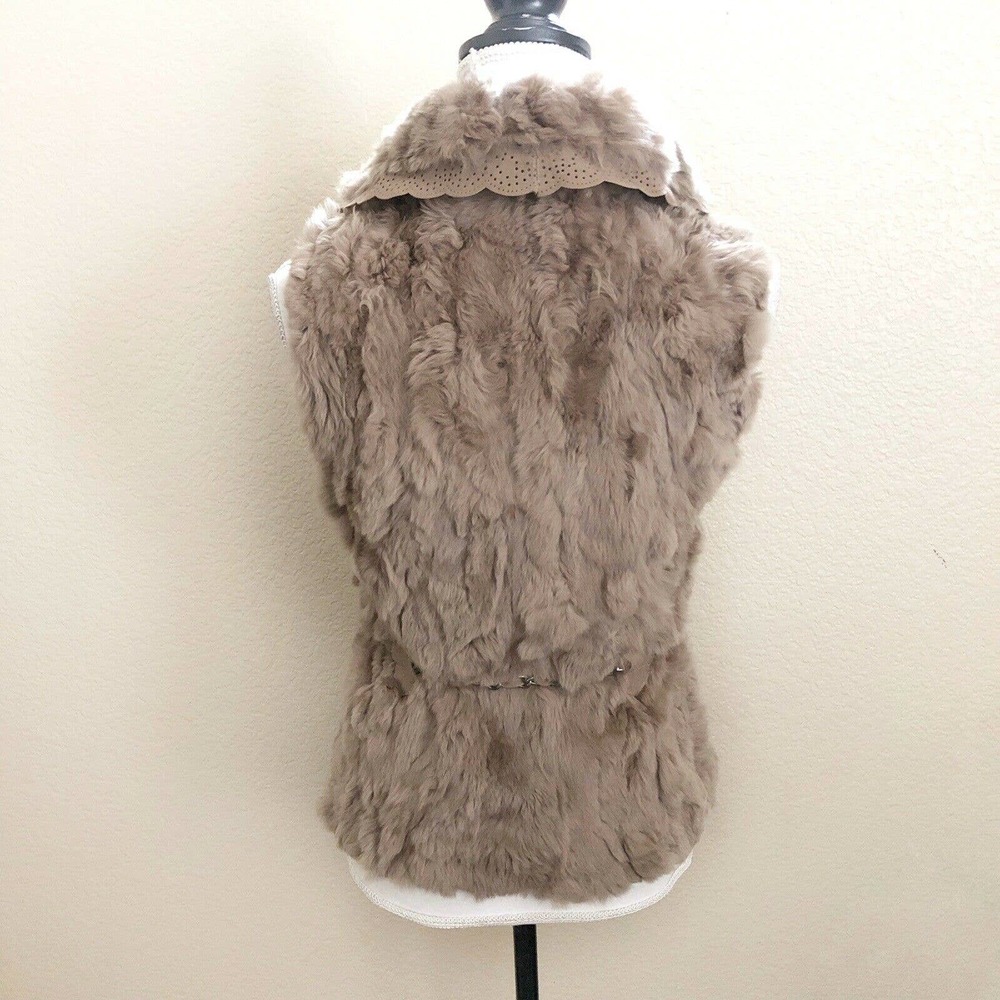 Love Token Natural Rabbit Fur Vest Taupe Sz XS Chain Belt Faux Suede Buttoned - Picture 2 of 8